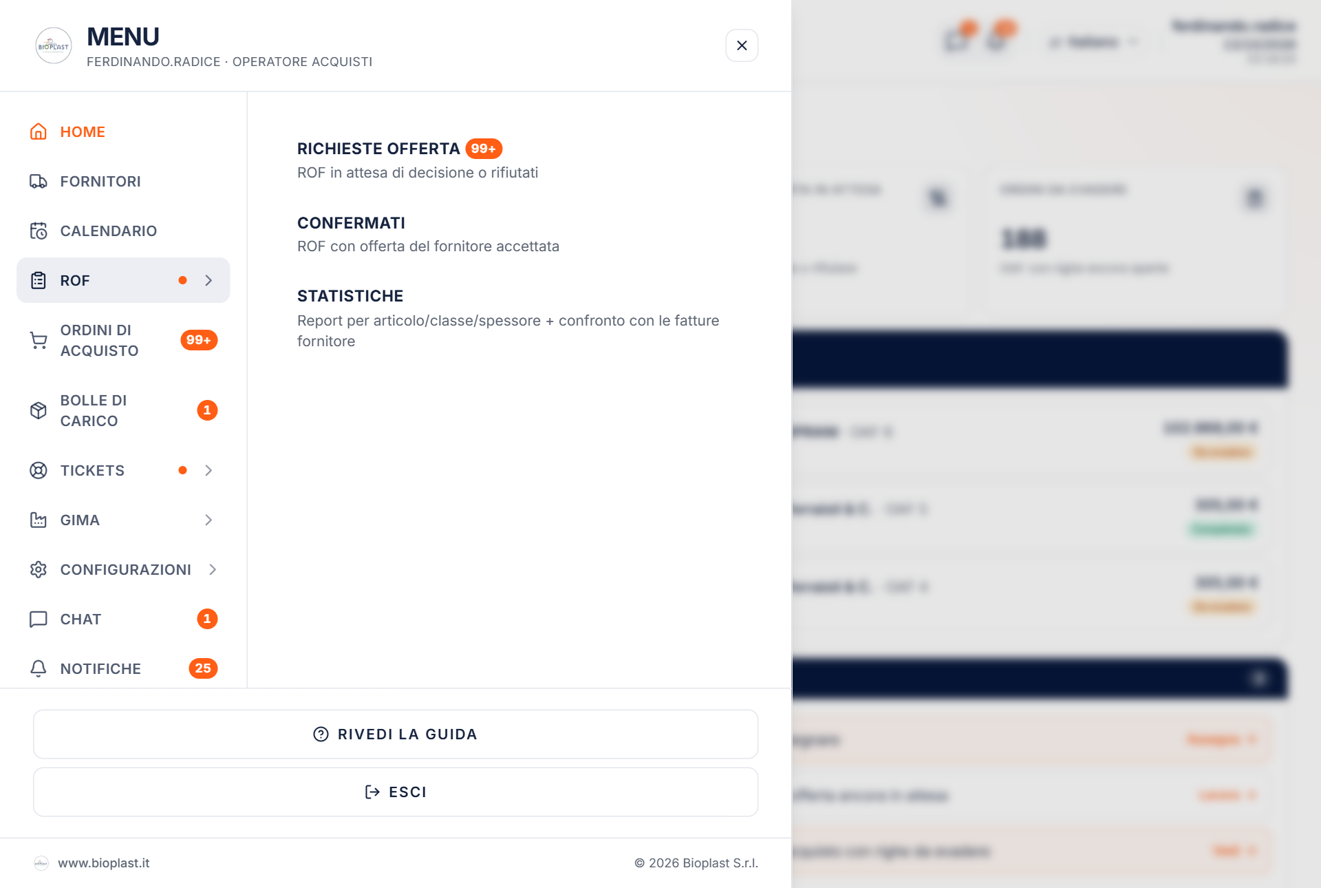 Menu di navigazione del reparto acquisti aperto