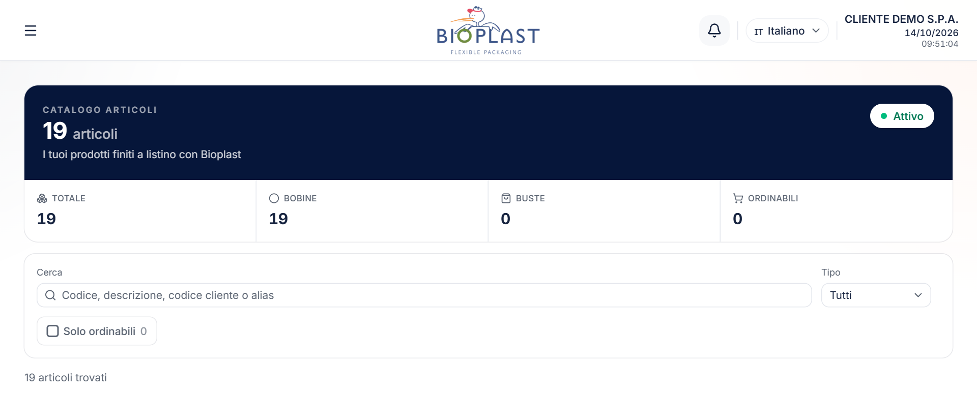 Catalogo articoli con riepilogo, ricerca e filtri