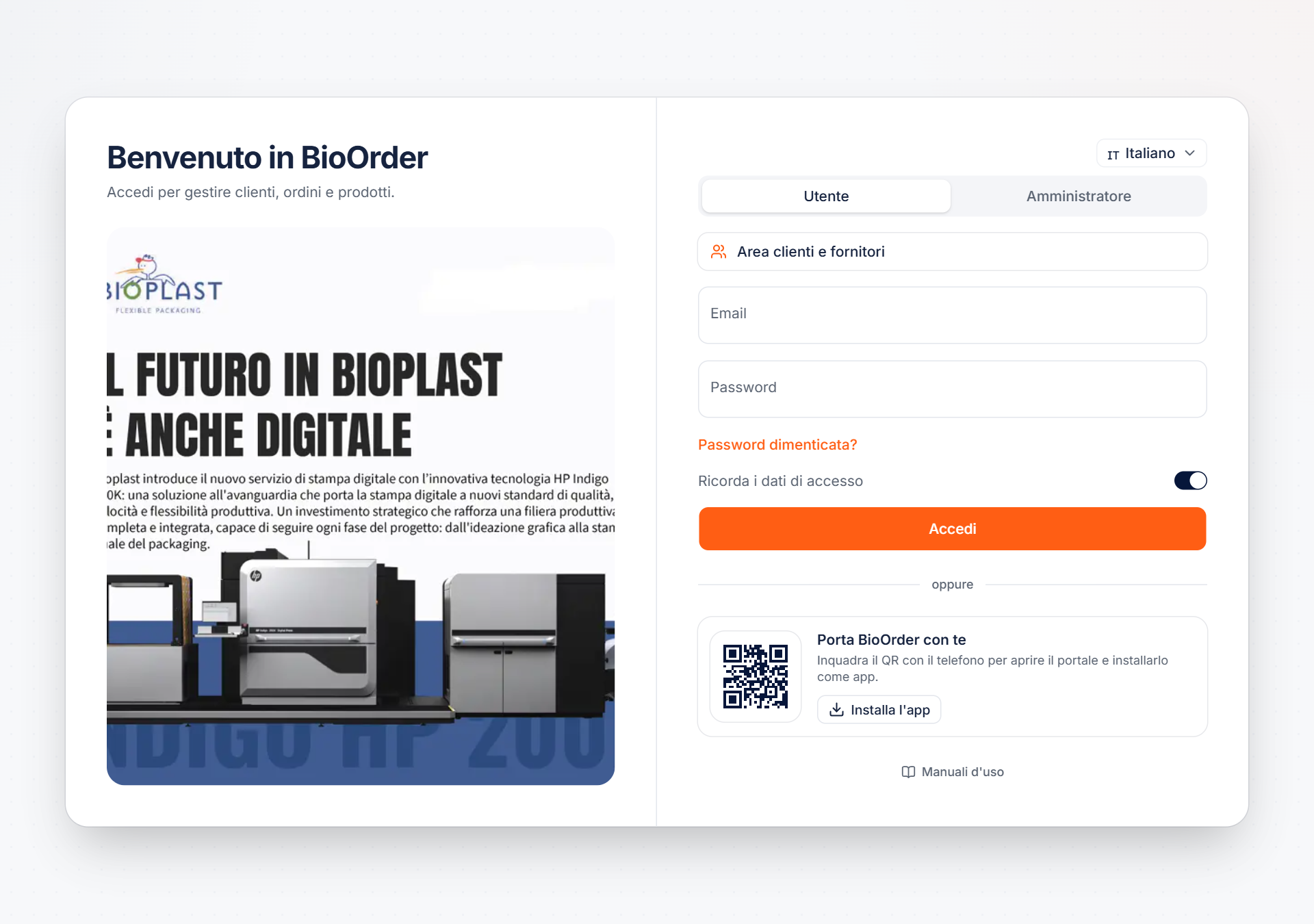 Pagina di accesso al portale BioOrder