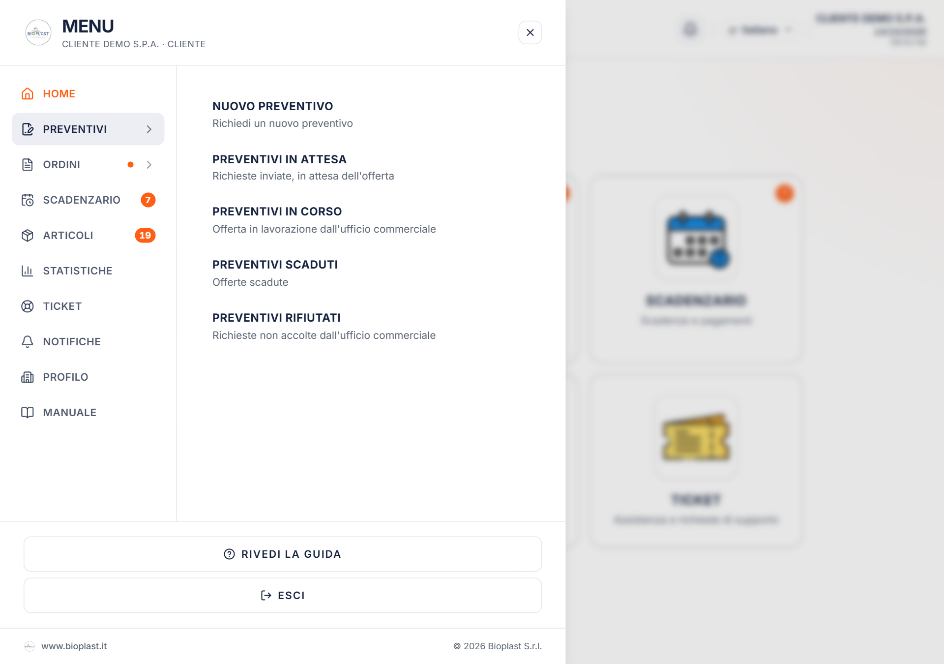 Menu di navigazione del portale Cliente aperto