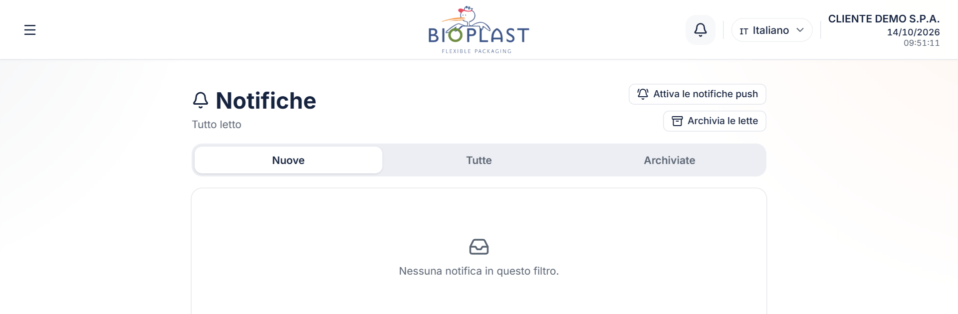 Pagina Notifiche con le schede Nuove / Tutte / Archiviate