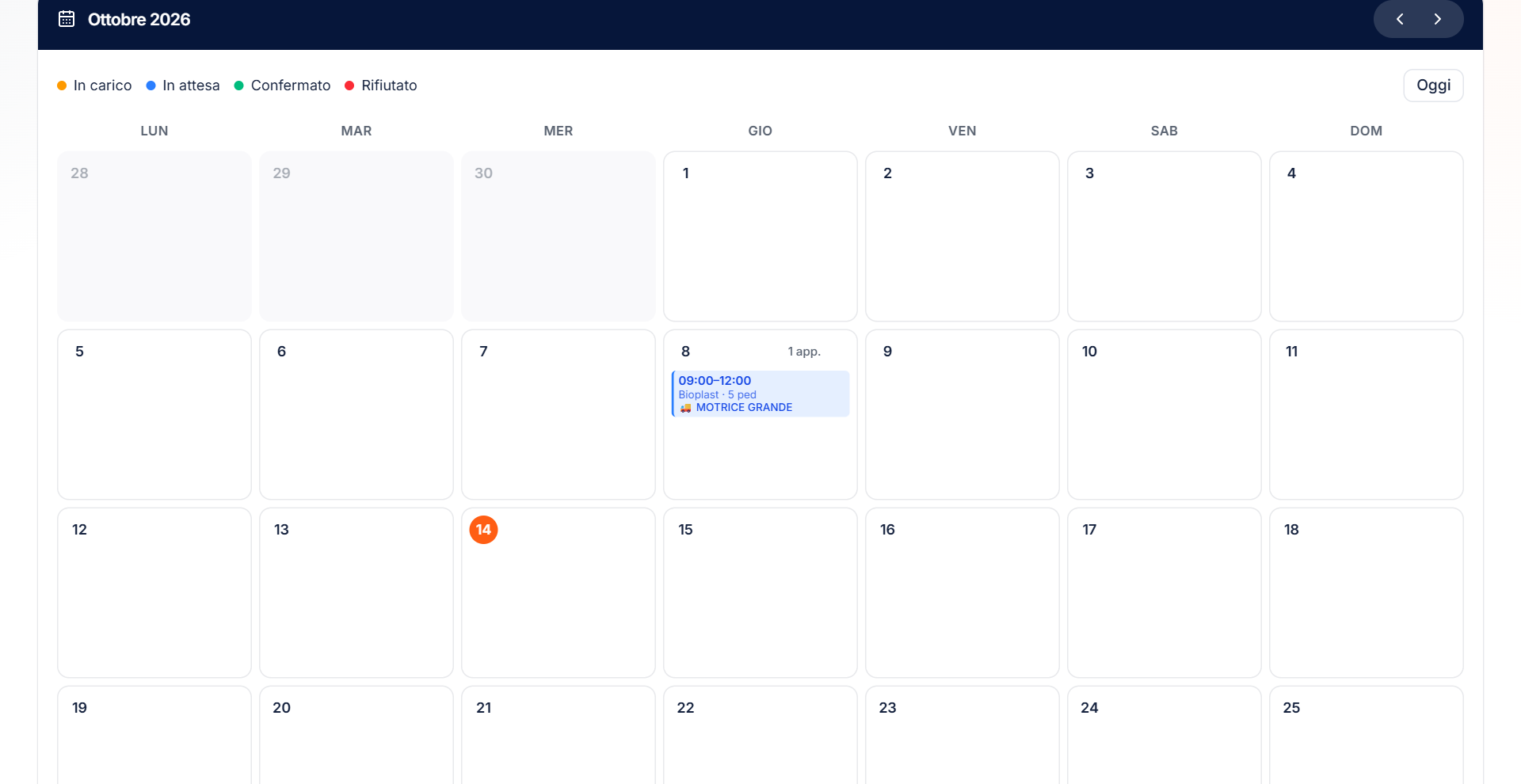 Calendario mensile delle consegne del fornitore