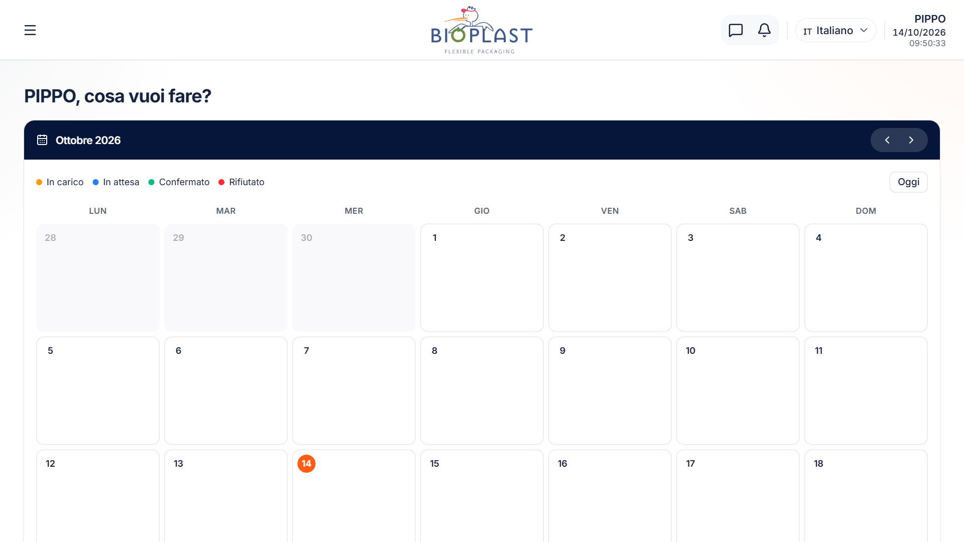 Schermata iniziale dell'area GIMA con il calendario del mese