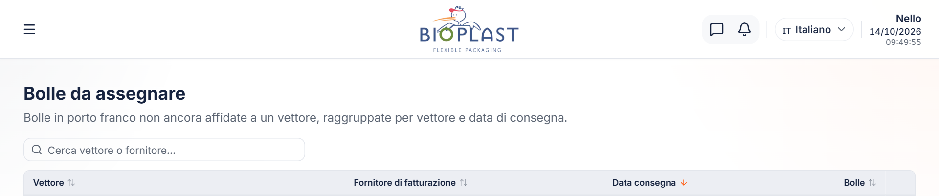 Schermata «Bolle da assegnare» raggruppate per vettore