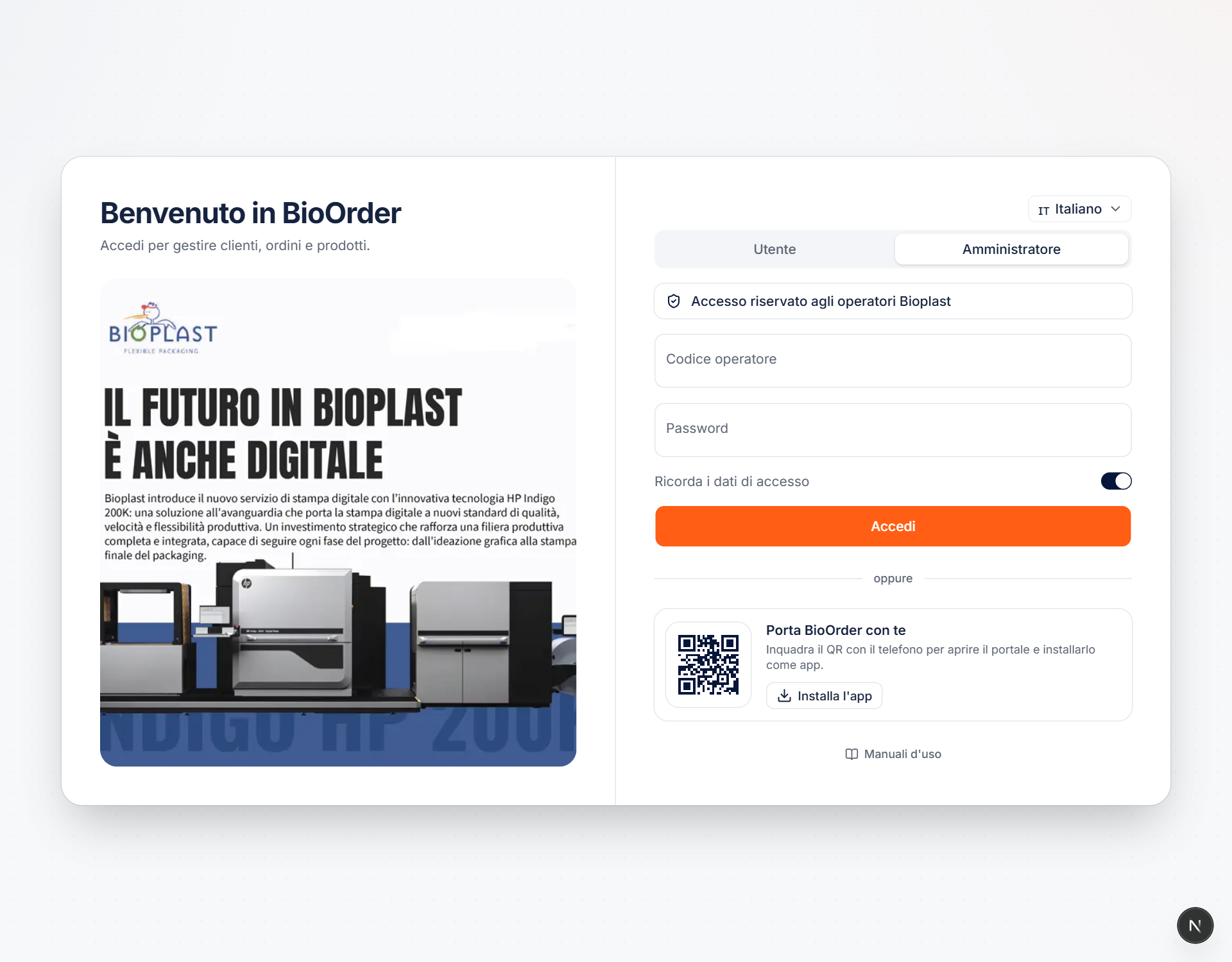 Schermata di accesso al portale BioOrder