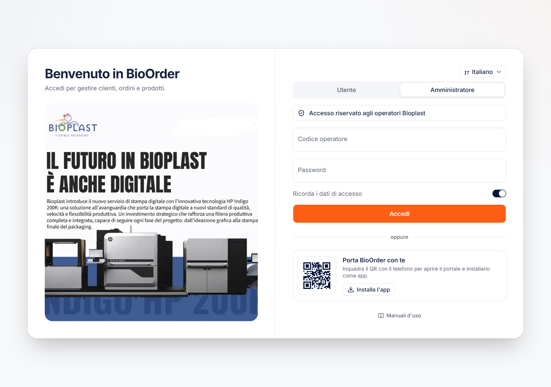 Schermata di accesso al portale BioOrder con la scheda Amministratore