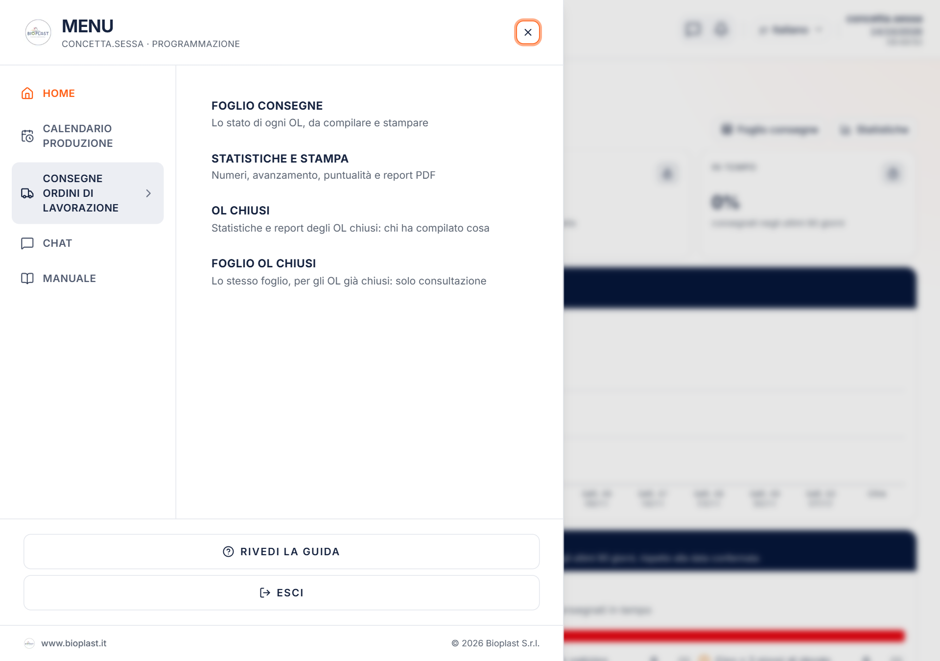Menu di navigazione del reparto programmazione aperto