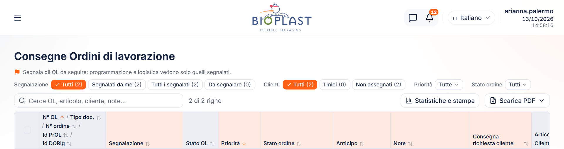 Foglio Consegne OL in stile Excel