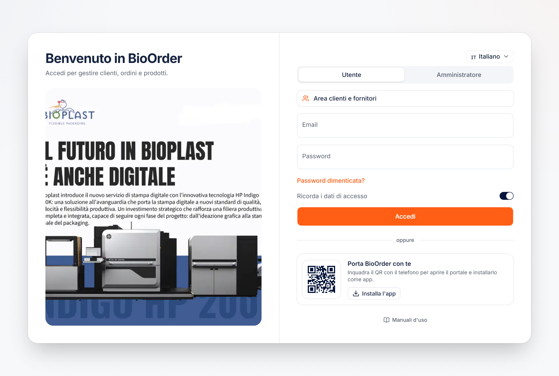 Schermata di accesso al portale BioOrder
