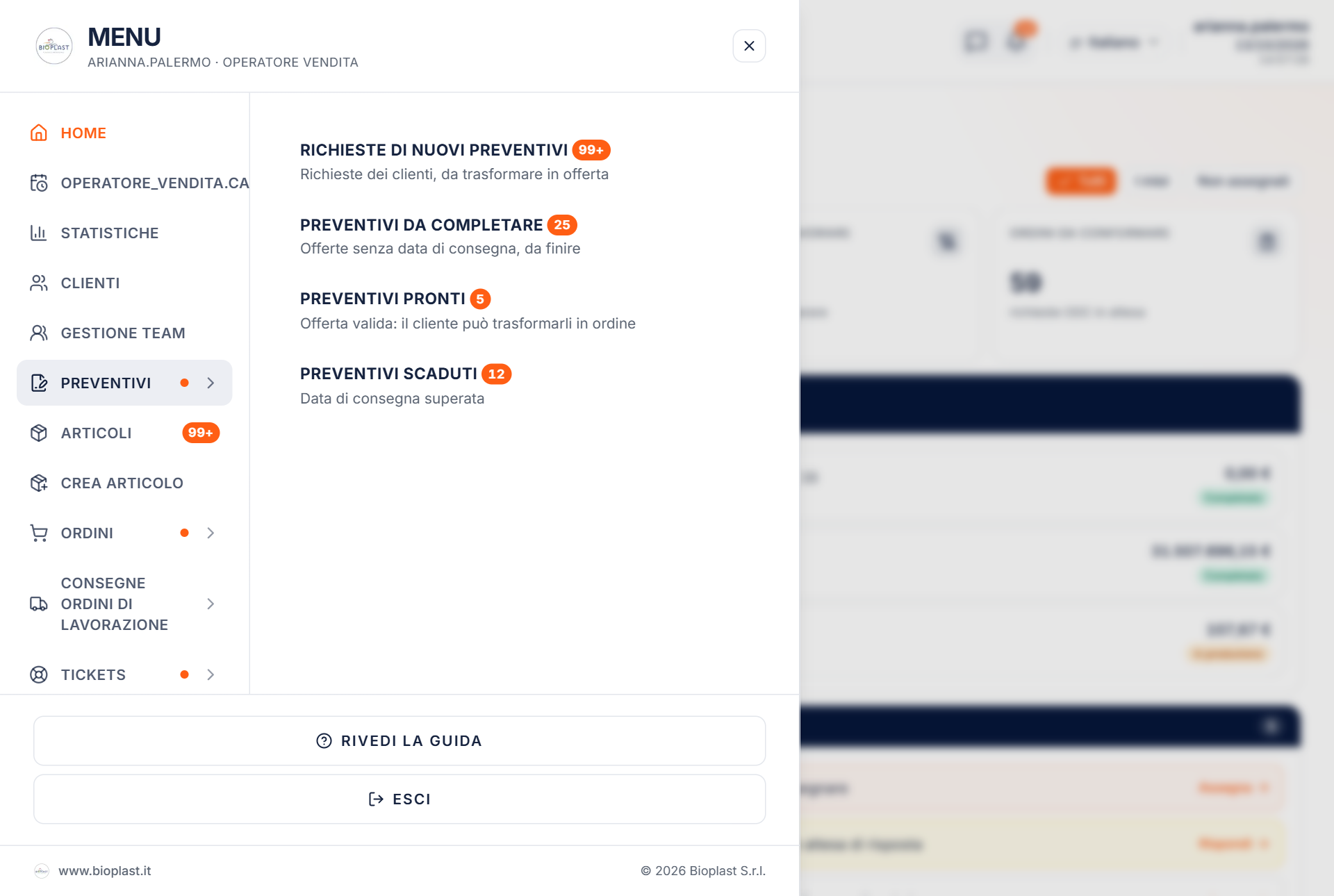 Menu di navigazione del reparto vendite aperto